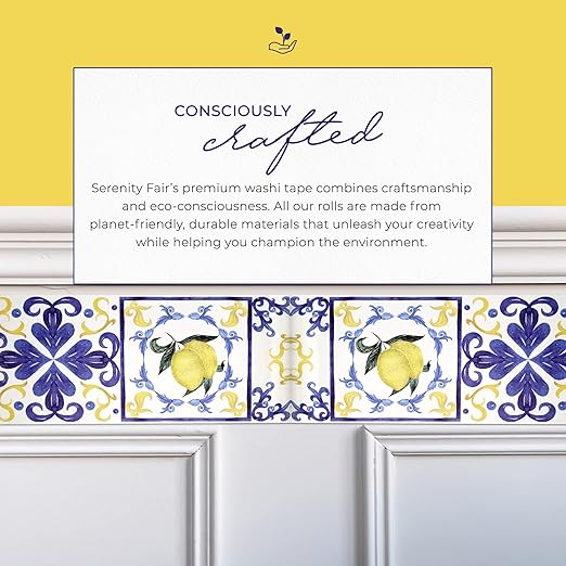 Serenity Fair Tile Pattern Washi Tape. Mediterranean Portuguese Italian Tiles Pattern Washi Tape, Extra Wide 4 inches / 10 cm Repositionable Sticker Tape Roll