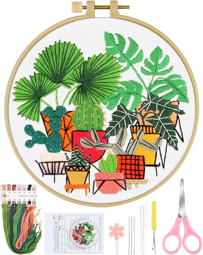 ERKOON Embroidery Kit for Beginners, Flower Cross Stitch Set for Include Embroidery Cloth Hoops Threads for Craft Lover Hand Stitch with Embroidery Skill Techniques (Greenery)
