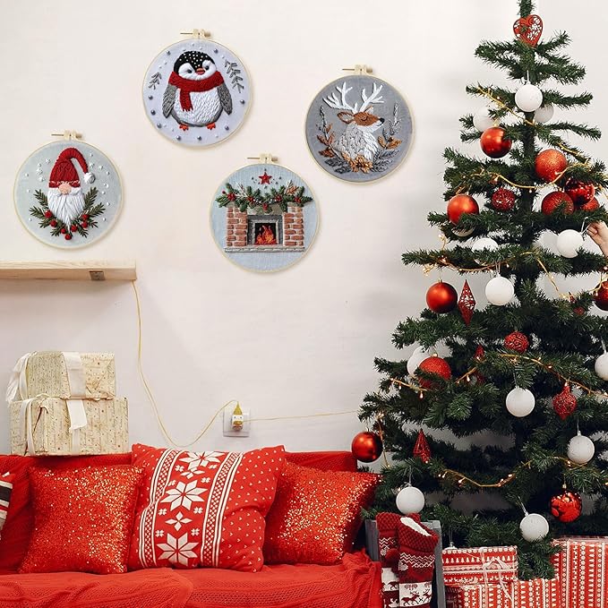 LB Christmas Gnome Embroidery Kit for Beginners: 4-Piece Cross Stitch Set with Penguin, Deer, Green Plant & Fireplace | Adults DIY Starter Kit Includes Hoop, Threads, Tools and Instructions