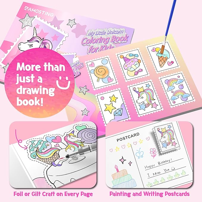 AMOTING Paint with Water Coloring Books for Toddlers, Mess Free Watercolor Painting Set for Kids Ages 3-8, Art Craft Drawing Toy, Birthday & Christmas Gift for Girls & Boys (Magical Unicorn)