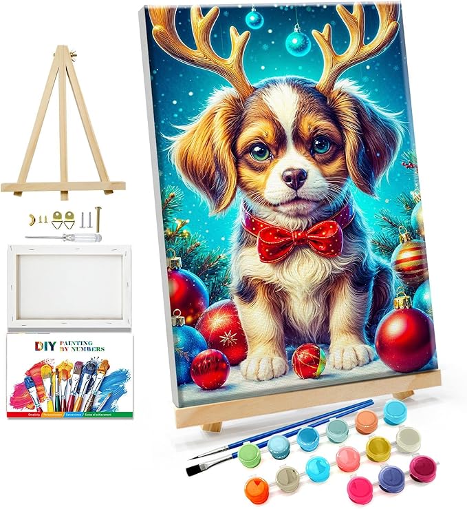 JOOZ Christmas Paint by Numbers Kit for Adults Framed Dog Paint by Number with Easel Christmas Ball Adult Paint by Number Kits Framed Canvas DIY Oil Painting Kits for Home Wall Decor 8x12 Inch
