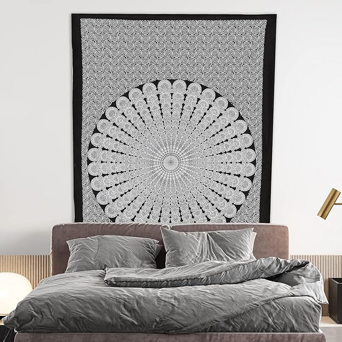 bless international handmade indian hippie bohemian psychedelic peacock mandala wall hanging college dorm beach throws table cloth bedding tapestry (black white, king(88x104inches)(225x265cms))