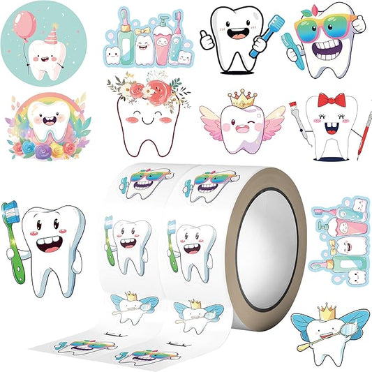 1000pcs tooth stickers roll, 2 rolls 10 styles cartoon teeth fairy sticker, dental reward stickers for dentist, classroom, scrapbooking, party favors, diy crafts