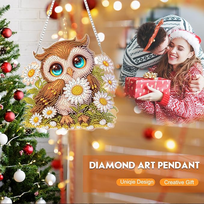 NEWENMO Diamond Art Kit for Adult, Floral Owl, Diamond Art Painting Double Sided Window Pendants for Home Garden Wall Hanging, DIY Special Shaped Gem Hanging Ornaments, Cute Owl