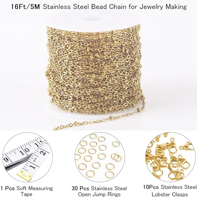 16Ft Stainless Steel Bead Chain for Jewelry Making, 1.6mm Thin Gold Plated Ball Beaded Cable Link Chains Roll for DIY Necklace Bracelet Jewelry Making Supplies with Lobster Clasps Soft Tape Measure