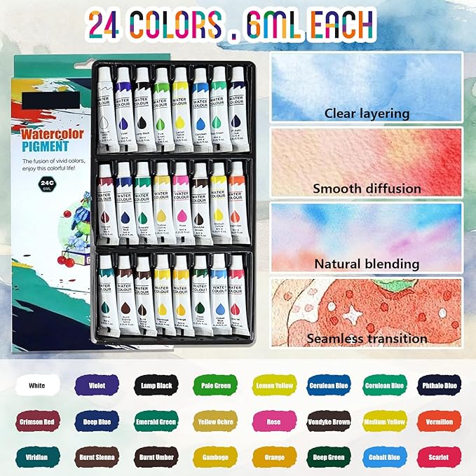 Walnut Wood Mini Watercolor Paint Set-24 Color Pocket Watercolor Set with Brush, Sketchbook and Towel, Complete Portable Watercolor Kit for Artists, Beginners, Students and Urban Sketching (15 Grids)