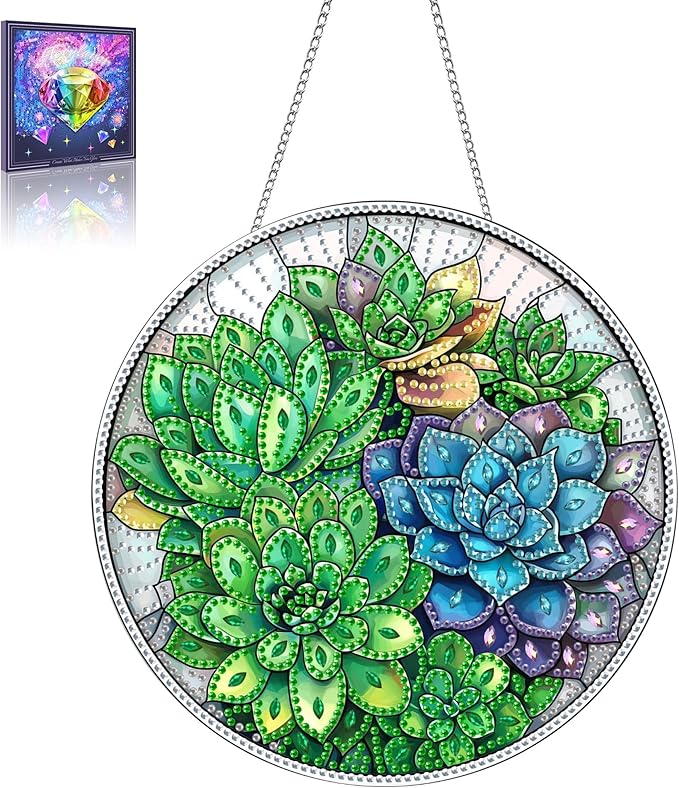 Wergund 5D DIY Succulent Diamond Art Hanging Kits, Hanging Diamond Art Plant, Acrylic Special Shaped Rhinestone, Window Hanging Pendants for Home Wall Garden Front Door Outdoor Decor Gift(Succulent)