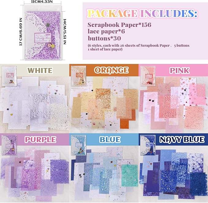 156Sheets Textured Scrapbook Paper & Mesh Fabric Assorted Set+30 Buttons, 6 Pack Mixed Special Paper for Scrapbooking,Planner,Bullet Junk Journal Supplies & DIY Mixed Media Collages 4.3x5.5in