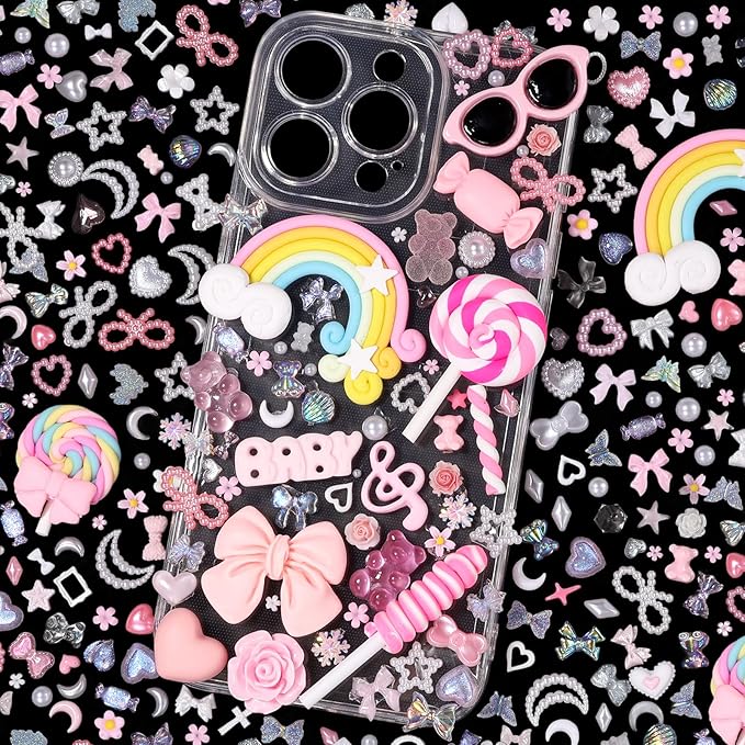 Anower Junk Case Charms Kit, Junk Phone Cases Charm, Flatback Cartoon Lollipop Candy Bear Flower Cute Slime Charms for DIY Crafts, Scrapbooking, Jewelry Making