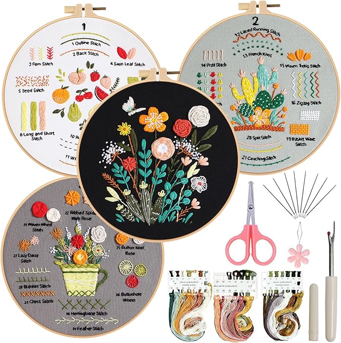 Ohcol Embroidery Kit for Beginners, 4 Floral Patterns, Learn 33 Stitches, Pre-Printed Fabric, Hoop, Colored Threads and Needles, Easy Video Guide, DIY Hand Sewing Gift for Adults and Teens