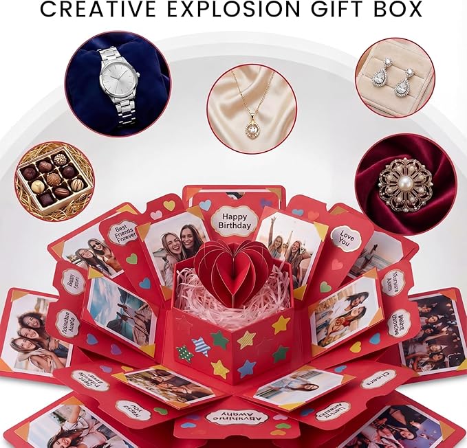 Koogel Explosion Gift Box, Red Surprise Picture Love Box with DIY Scrapbooking Accessories Exploding Photo Album for Anniversary Birthday
