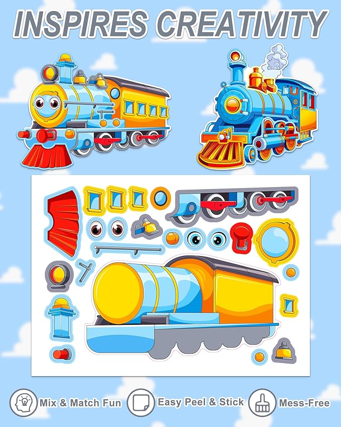 aowplc train stickers for kids – 32 sheets make-a-train mix & match kit – fun party favors & activities