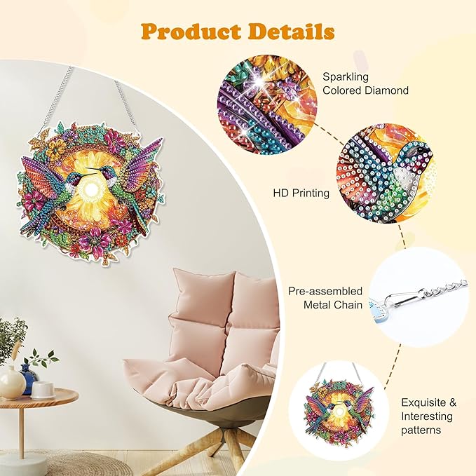 HEIBAGO Hummingbird Hanging Diamond Art Kits for Adults, Fall Special Shaped Crystal Diamond Painting Ornament Kit, DIY Double-Sided Pattern Window Pendant Gem Art Kit for Home Wall Decor 8.3x8.3inch