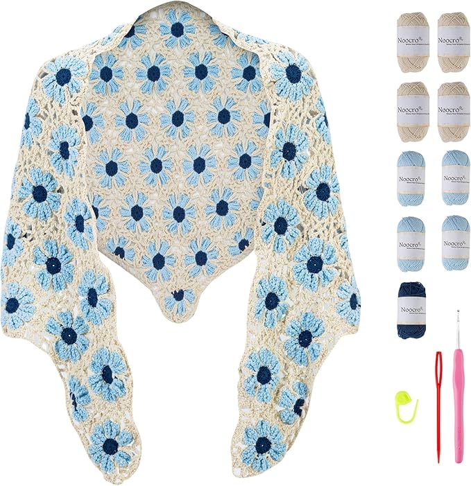 Noocro Crochet Kit for Intermediate or Advanced Levels, Complete Craft Kit for a Floral Daisy Shawl with Step by Step Video Tutorials Detailed Instructions, Perfect Holiday Gift or DIY Project (Blue)