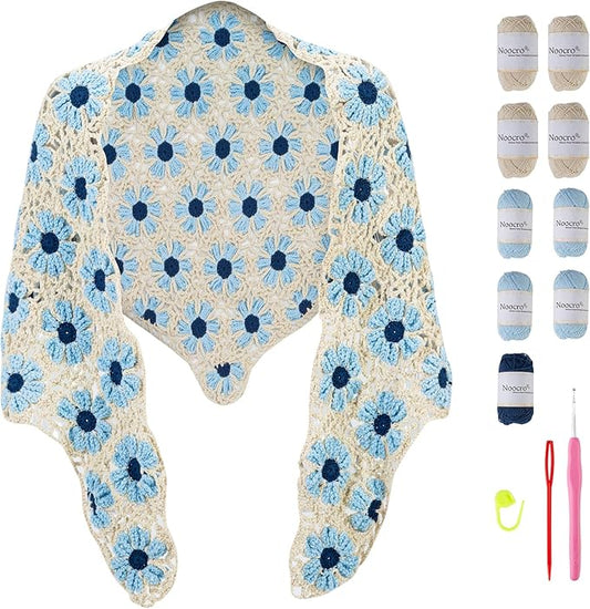 Noocro Crochet Kit for Intermediate or Advanced Levels, Complete Craft Kit for a Floral Daisy Shawl with Step by Step Video Tutorials Detailed Instructions, Perfect Holiday Gift or DIY Project (Blue)