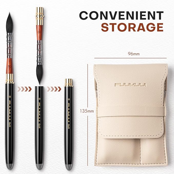 Travel Watercolor Brushes, Fuumuui Professional 6pcs Natural Soft Squirrel Hair Watercolor Travel Brush Set with Graphite Tip Pen Perfect for Watercolor Gouache Ink Painting