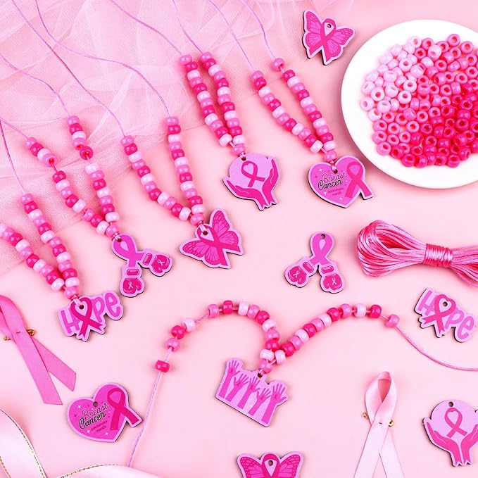RZJSLSHANHAI 24 Sets Mother's Day Beaded Necklace Making Kit Pink Ribbon Beads Necklace DIY Crafts with Pink Ribbon Pendants Rope for Girl's Gift