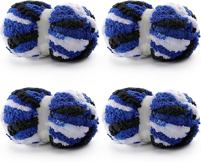 4 Pack Chunky Yarn for Hand Knitting - Chenille Thick Fluffy Blanket Yarn for Crocheting Blankets - Soft Plush 114 Yds 30.8 Oz（4-Black and White Blue）