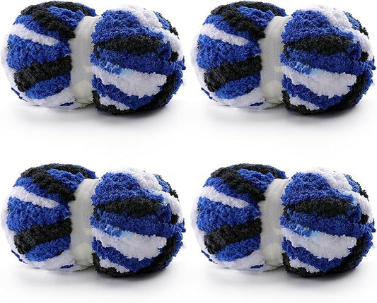 4 Pack Chunky Yarn for Hand Knitting - Chenille Thick Fluffy Blanket Yarn for Crocheting Blankets - Soft Plush 114 Yds 30.8 Oz（4-Black and White Blue）
