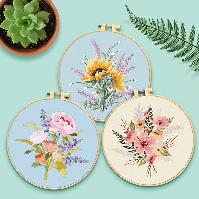 ERKOON Embroidery Kit for Beginners, 5 Sets Flower Cross Stitch Set for Adults Include Embroidery Cloth Hoops Threads for Craft Lover Hand Stitch with Skill Techniques (Bouquet)