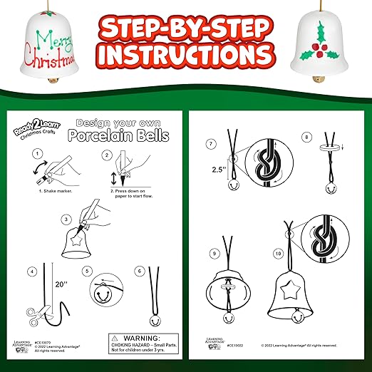 READY 2 LEARN Christmas Crafts - Design Your Own Porcelain Bells - Craft Kit for Kids - Christmas Tree Decorations - All Materials Included, Green,Red, Set of 3