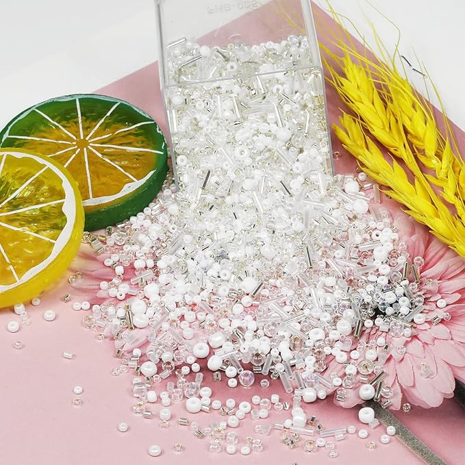 100g Mix Glass Tube Beads Bugle Beads,3800+pcs Glass Bulk Spacer Multi Size 2-6mm Kit for Jewelry Making DIY Craft Bracelets Necklace Earring Making (White Mixed)