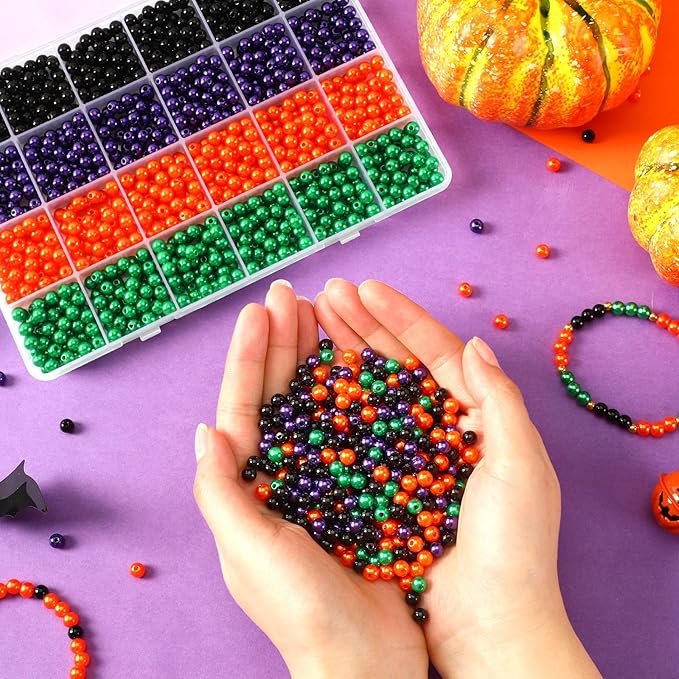 UPINS 1200Pcs Halloween Beads Round 6mm Black Purple Orange Green Pearl Beads for Jewelry Making Halloween Mardi Gras Party Decoration Necklace Bracelets Hair Beads DIY Crafts (4 Colors)