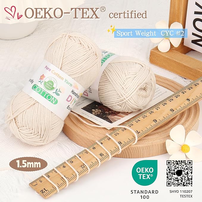 Katech Pure Cotton Yarn for Crocheting & Knitting–Soft Sport Weight CYC #2, 6 Skeins (50g Each, 300g Total), Ideal Crochet Yarn for Dishcloths, Baby Clothes, Socks, Lightweight Scarves（Buttercream）