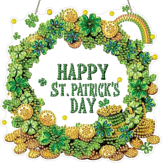 NEWENMO Diamond Art Kit for Adult, Happy St. Patrick's Day, Diamond Art Painting Double Sided Window Pendants for Home Garden Wall Hanging, DIY Special Shaped Gem Hanging Ornaments, Lucky Gold Coin