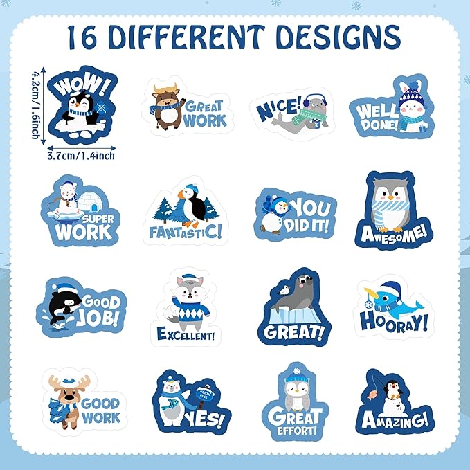 beyumi winter polar animal sticker - 1000pcs teacher reward stickers in 2 rolls cute arctic animal motivational positive xmas decal waterproof vinyl school classroom office bottle party decor for kids
