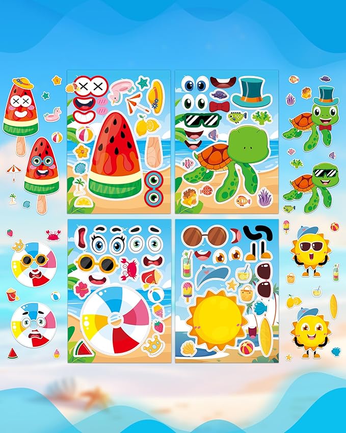 aowplc 48 sheets summer fun make-a-face sticker set for kids – create your own faces with beach, tropical & animal stickers – ideal summer crafts, party favors & creative activities