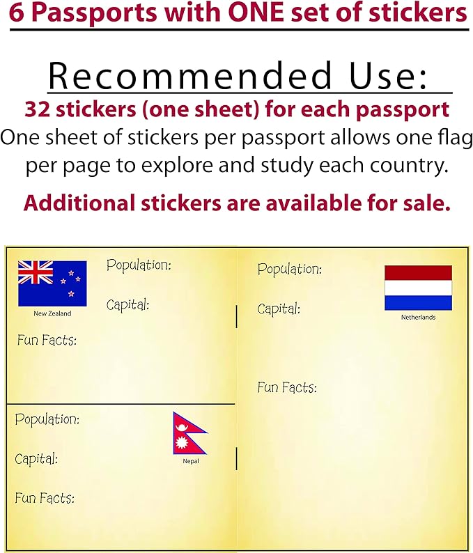 SJPRINTER Passport - Little passports Travelers notebook - Set with travel stickers world flags - Pretend play, party favors, airplane toy, journal notebooks, geography, classroom social study