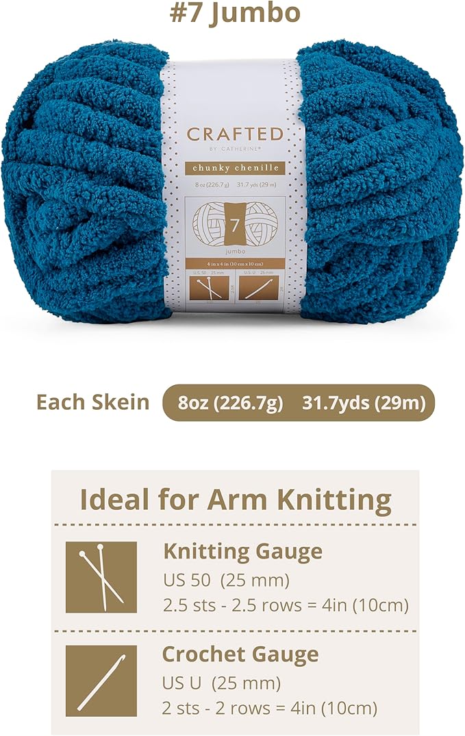 Crafted By Catherine Chunky Chenille Yarn - 2 Pack (8 oz / 227 g, 31.7 Yards Each Skein), Turquoise, Gauge 7 Jumbo