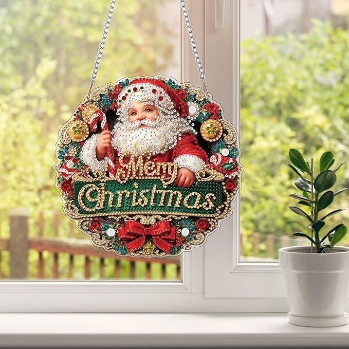 HEIBAGO Santa Diamond Art Hanging Kits for Adults Kids, 5D Special Shaped Crystal Diamond Painting Kit, DIY Pattern Window Pendant Gem Art Kit for Home Wall Decor 8.3 x 8.3 Inch