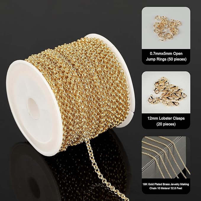 18K Gold Plated Brass Jewelry Making Chain, 10 Meters Circle Rolo Chains Bulk with 50pcs Jump Rings + 20pcs Lobster Clasps Women Necklace DIY Jewelry Supplies Findings