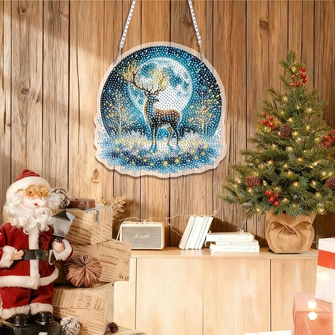 EMIEAUFG Christmas Diamond Art Hanging Kit for Adult, Xmas Deer Diamond Art Pendants, Double Sided Acrylic, 5D Special Shaped Rhinestone, Diamond DIY Ornament for Window Home Wall Decor