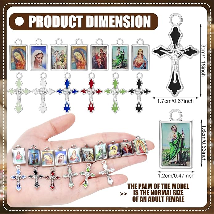 Rosary Making Kits Supplies Cross and Center Medal Charm Alloy Picture Religious Charms Crucifix Pendant for DIY Jewelry Making Prayer Bracelet Necklace Earring