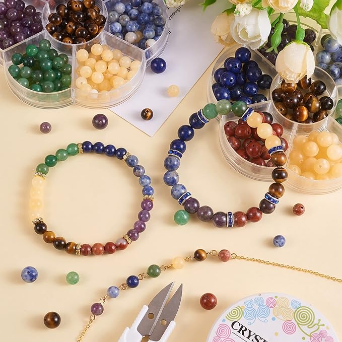 140 Pcs 7 Chakra Natural Stone Beads Round Beads Color DIY Smooth Stone Bead Kit Crystal Energy Healing Bulk Bead Charm for Jewelry Making Bracelet Necklace Earrings (8MM, 7 Chakra Stone)