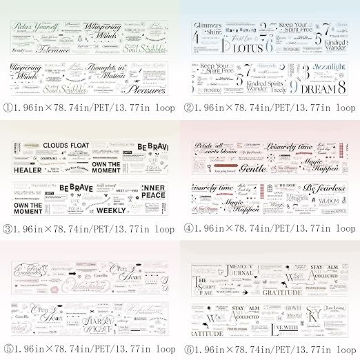 PET Washi Tape Stickers for Scrapbooking Supplies, 6 Rolls Literature Words Scrapbook Stickers for Junk Journal,Journaling Supplies, DIY Crafts, Planner(Beauty)