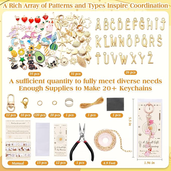 TOHONGADON 285 Pcs Keychain Making Kit, Bag Charm Kit with 92 Charms, 22 Keychain Clips, Key Ring Jewelry Plier, Extender Chain, Letter Beads for DIY Crafting and Jewelry Making