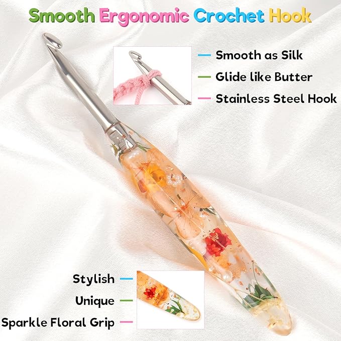 Katech 6.0mm Crochet Hook for Arthritic Hands, Hand-Polished Stainless Steel Ergonomic Crochet Hooks with Customized Sparkle Dried Floral Grip, Soft Tapered Hook-Crochet Gift for Beginner & Crocheter