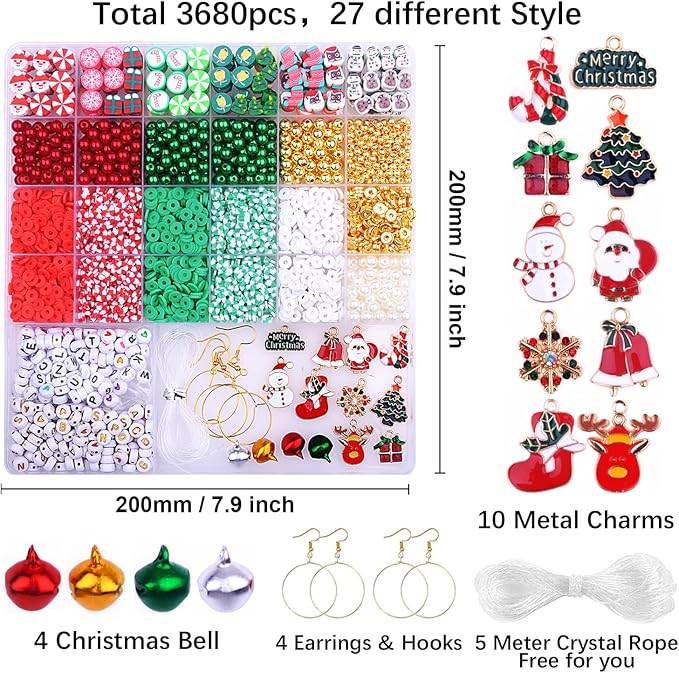 BBita 3680pcs Christmas Polymer Clay Beads Charms for Bracelets Making Kit Christmas Tree Snowman Santa Claus Snowflakes Bells Socks elk Friendship DIY Arts Crafts Gifts for Kids Girls
