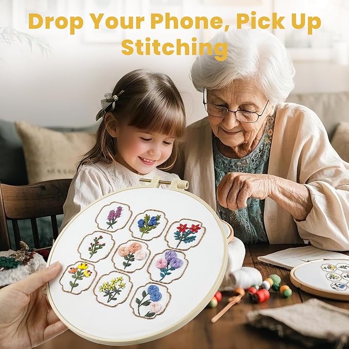 HTVRONT Embroidery Kit for Beginners- 3 Pcs 14 Stitches and 9 Flower Practice Samplers, Pre-Printed Patterns, Step by Step Video, Beginner Embroidery Kit for Adults for Gift for Women