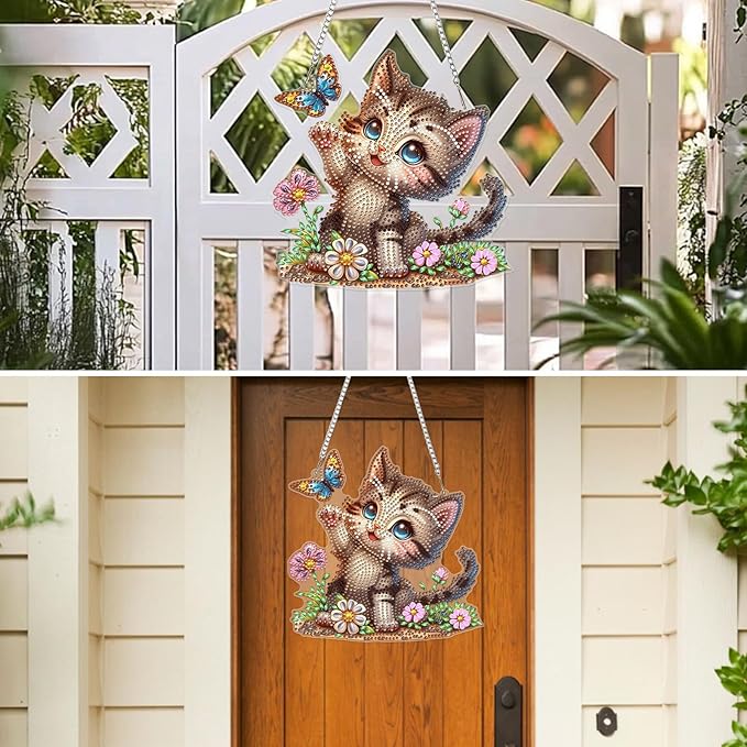 MXJSUA Butterfly Kitten Diamond Art Hanging Kits for Adults Beginners, DIY Acrylic Special Shaped Crystal Diamond Gem Drills Pendant Art Painting Ornament for Home Wall Decor Gift