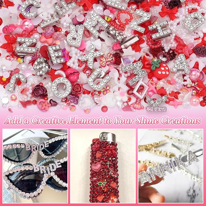 330 Pcs Junk Phone Case Charms 26 Pcs A-Z Rhinestone Alphabet Letter Charm, Mix Red White Flower Bow Heart Pearls Flatback Resin Charms Letter Junk Cases Kit for DIY Crafts