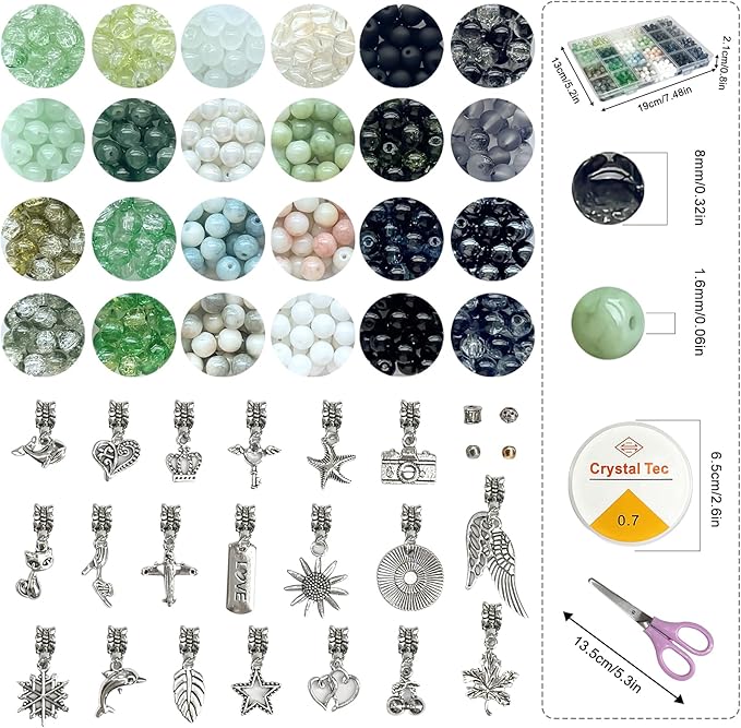 Glass Bead Bracelet Making Kit (8mm), Beginner Set with 600PCS Green Glass Beads, No Jewelry Tools Required