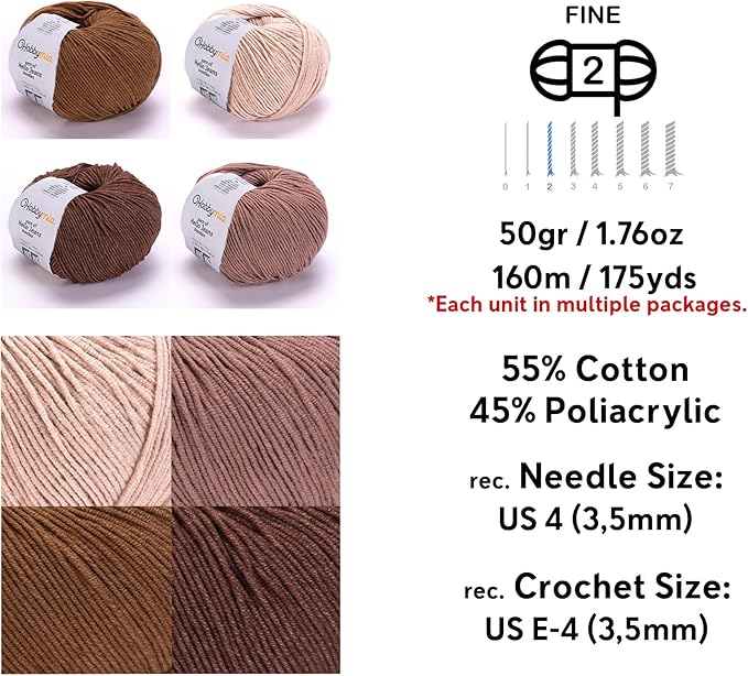 Cotton Yarn Kit - 4 Multicolor Balls Soft Sport Weight Yarn for Crochet & Amigurumi - 50g / 175yds Each & 10 Stitch Markers (H03 - Coffee)