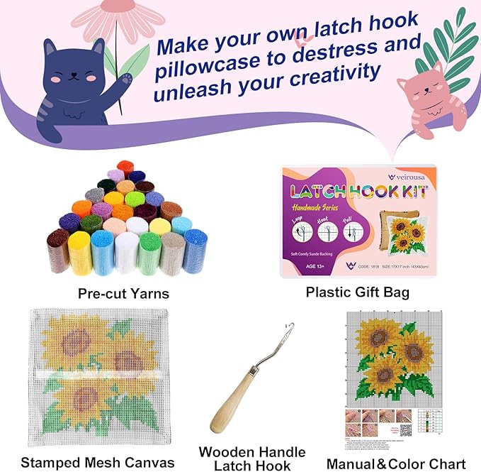 veirousa Sunflowers Latch Hook Pillow Kits for Adults Beginners, DIY Floral Throw Pillowcase Kit, Pre-Printed Rug Hooking Set, Cross-Stitch Cushion for Home Sofa Decor & Gift Idea 17x17 Inch