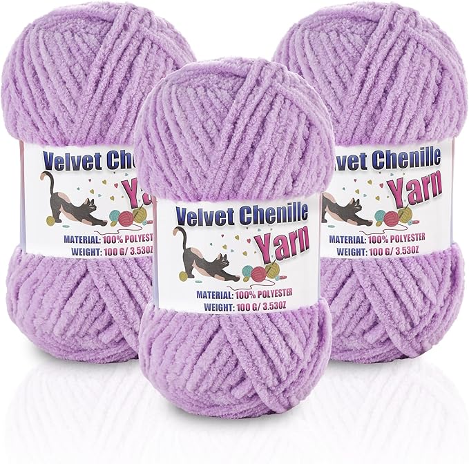 3 * 100g/3.5oz Fluffy Chenille Yarn for Crocheting, Chunky Velvet Yarn for Crochet Amigurumi, Used for Making Baby Yarns Blanket, Clothes, Pattern Knitting Creations (Light Purple)