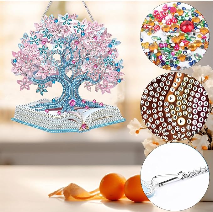 Bimkole Book Diamond Art Hanging Kit for Adult, DIY 5D Tree of Life Diamond Art Painting Window Pendant, Acrylic Crystal Art Hanging Ornament for Wall Home Garden Front Door Decor - 7.8x7.8 Inch
